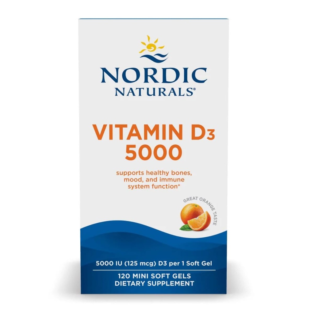 Nordic Naturals Vitamin D3 5000, Orange - 120 Mini Soft Gels - 5000 IU Vitamin D3 - Unterstützt gesunde Knochen, Mood & Immunsystem Funktion - Non-GMO - 120 Servietten