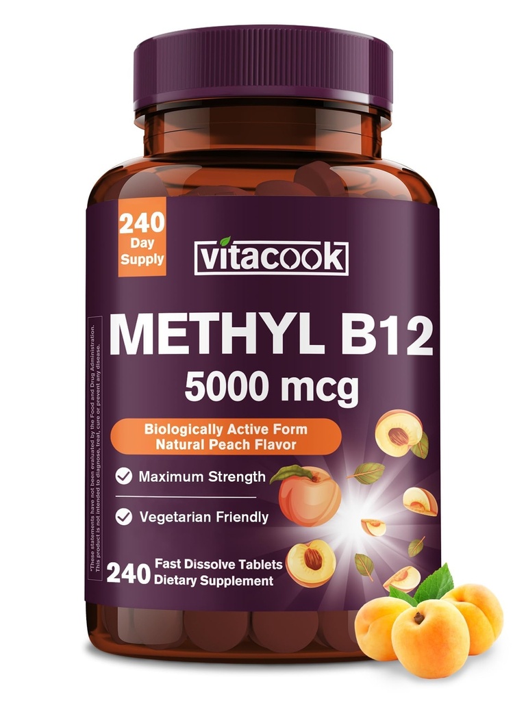 Vitamine B12 Sublingual, méthylcobalamine 5000mcg pour la production d'énergie, l'énergie, le soutien des nerfs et des cellules, l'arôme naturel de pêche, végétalien, sucre zéro, 240 comprimés à dissolution rapide