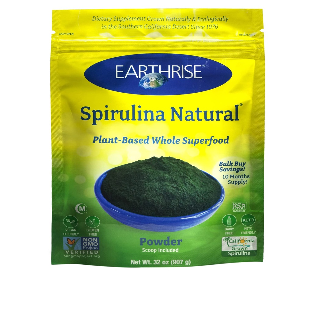 Earthrise Spiruline poudre naturelle 32oz, Spiruline naturelle Premium de Californie-Végétalienne, sans gluten, Keto Friendly, non-OGM Super Food haute en vitamines et minéraux. (2 LB)