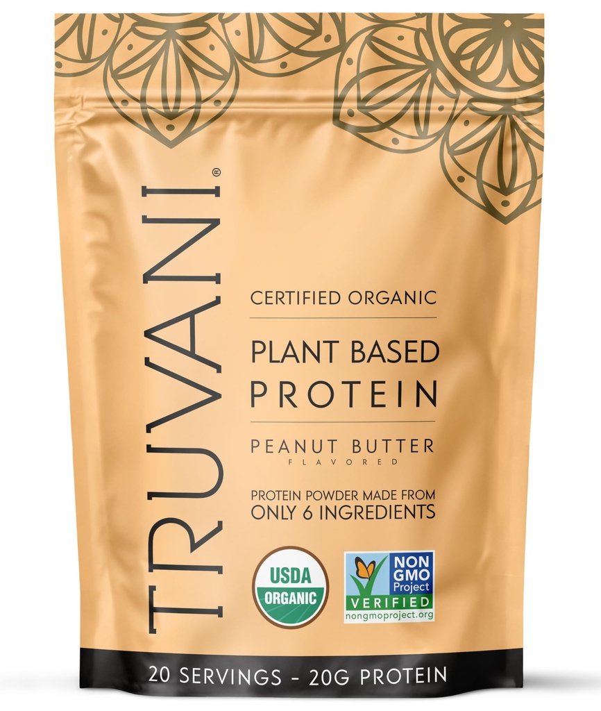 Truvani Poudre de protéines de pois végétaliens (en anglais) Beurre d'arachide (en anglais) 20g Protéine biologique à base de plantes (en anglais) 20 portions (en anglais)
