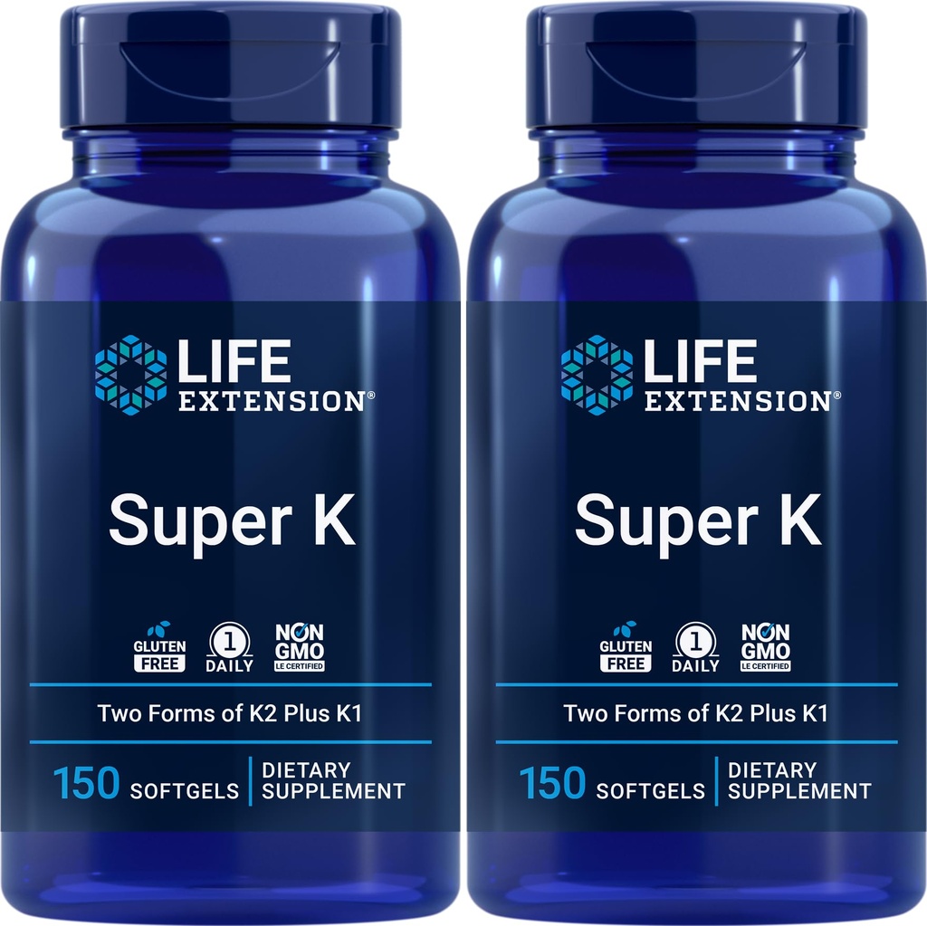 Extension de vie Super K, 150 Softgels (paquet de 2) avec des vitamines K et K2