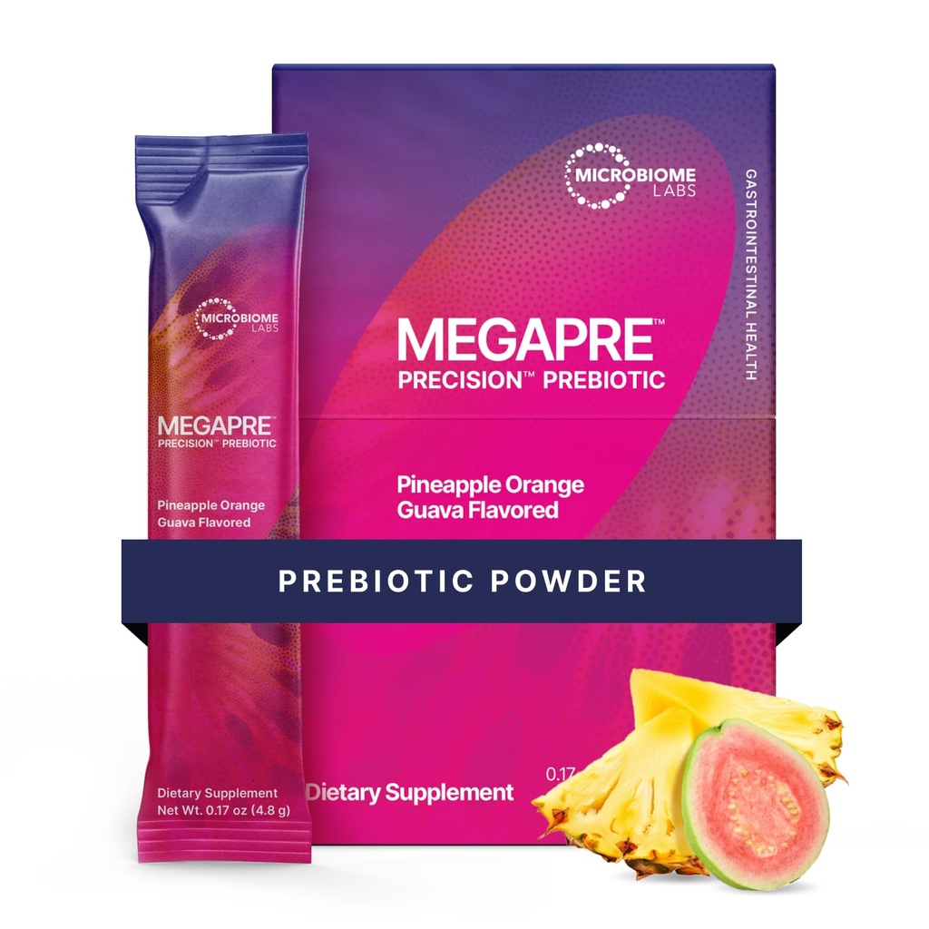 Microbiome Labs MegaPre Prebiotic Fiber Powder for Women, Men & Kids - Pre-Dosed Prebiotic Fiber Supplement Powder mit klinisch getesteten Oligosacchariden - Ananas Orange Guava (30 Drink Packets)