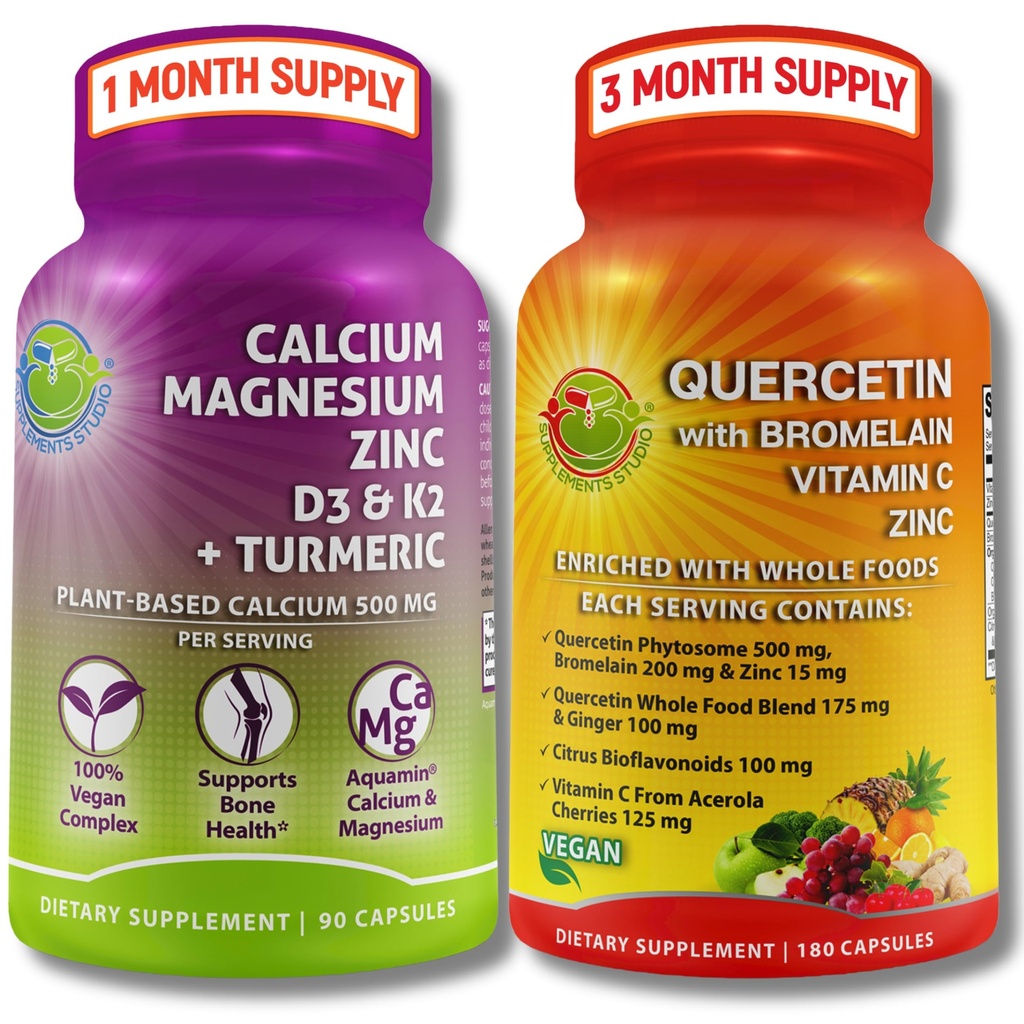 SUPPLÉMENTS STUDIO Quercetine avec Bromelain, Vitamine C & Zinc + Calcium à base de plantes, Magnésium, D3, K2 & Turmeric – Supplément 100% végétalien pour le support immunitaire et os