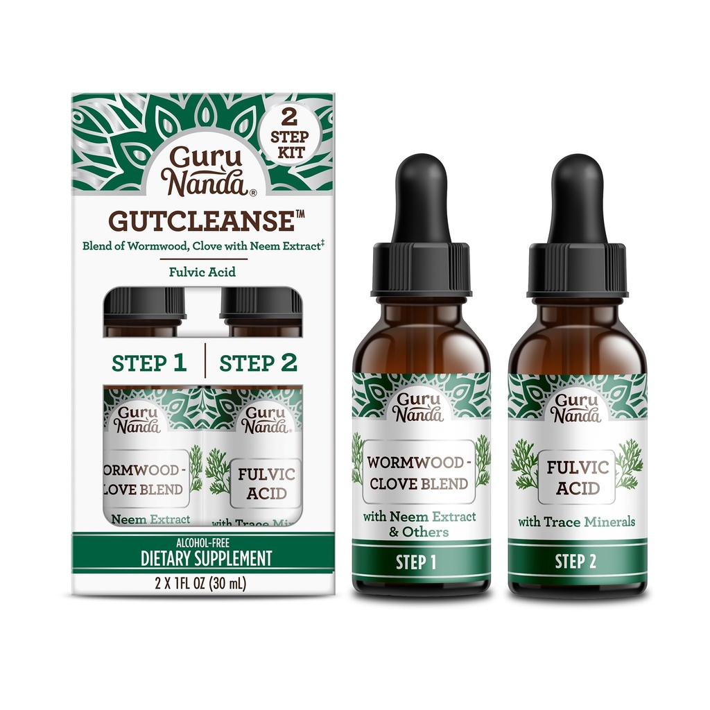 GuruNanda Gutcleanse 2-Step Kit - Nahrungsergänzungsmittel zur Hilfe bei der Verdauung - Mischung aus Fulvic Acid, Wormwood, Clove & Neem Extract, 2x1 FlOz
