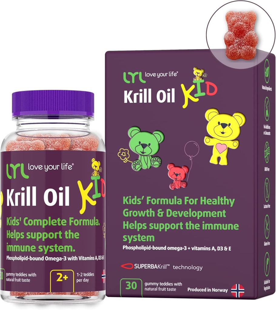 LYL Krill Öl Kid Gummy Bears mit Vitamin D 3, Vitamin E und Vitamin A - Phospholipid-Bound Omega 3 für gesundes Wachstum & Entwicklung - Gummy Bears mit Orange, Apfel & Himbeeren Geschmack (Pack von 30)