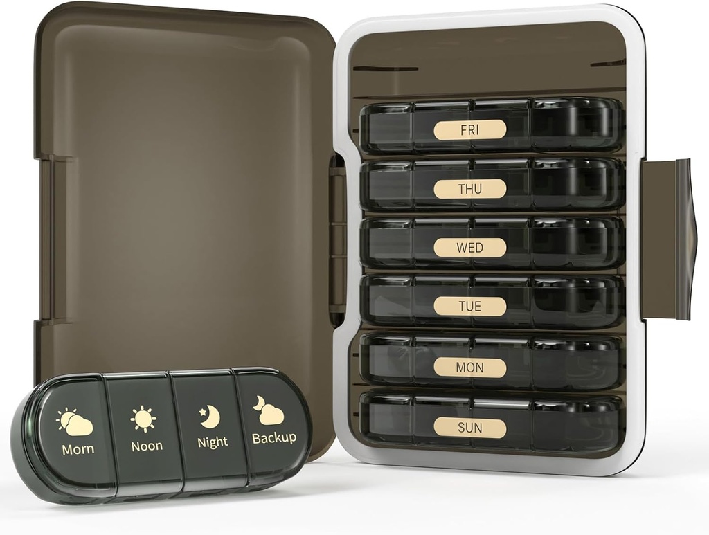 Organisateur hebdomadaire de pilules 4 fois par jour, boîte à pilules de 7 jours 4X, Portable for Travel Pill Case for Pills/Vitamine/Pish Oil/Medicing/Supplements (4x7 Black)