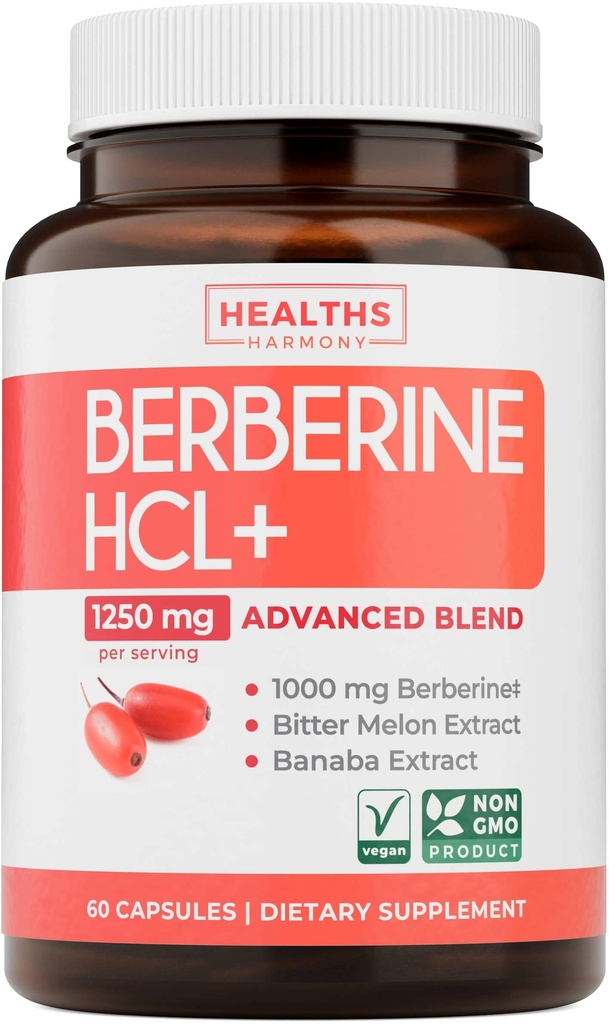 Berberine Supplement (Non-GMO & Vegetarisch) Berberine HCL Plus Bitter Melon & Banaba Blatt Extrakt Kapseln - Berberine 500mg Jede, 1000mg Pro Serve - AMPK Metabolic Activator - 60 Caps (Keine Pillen)