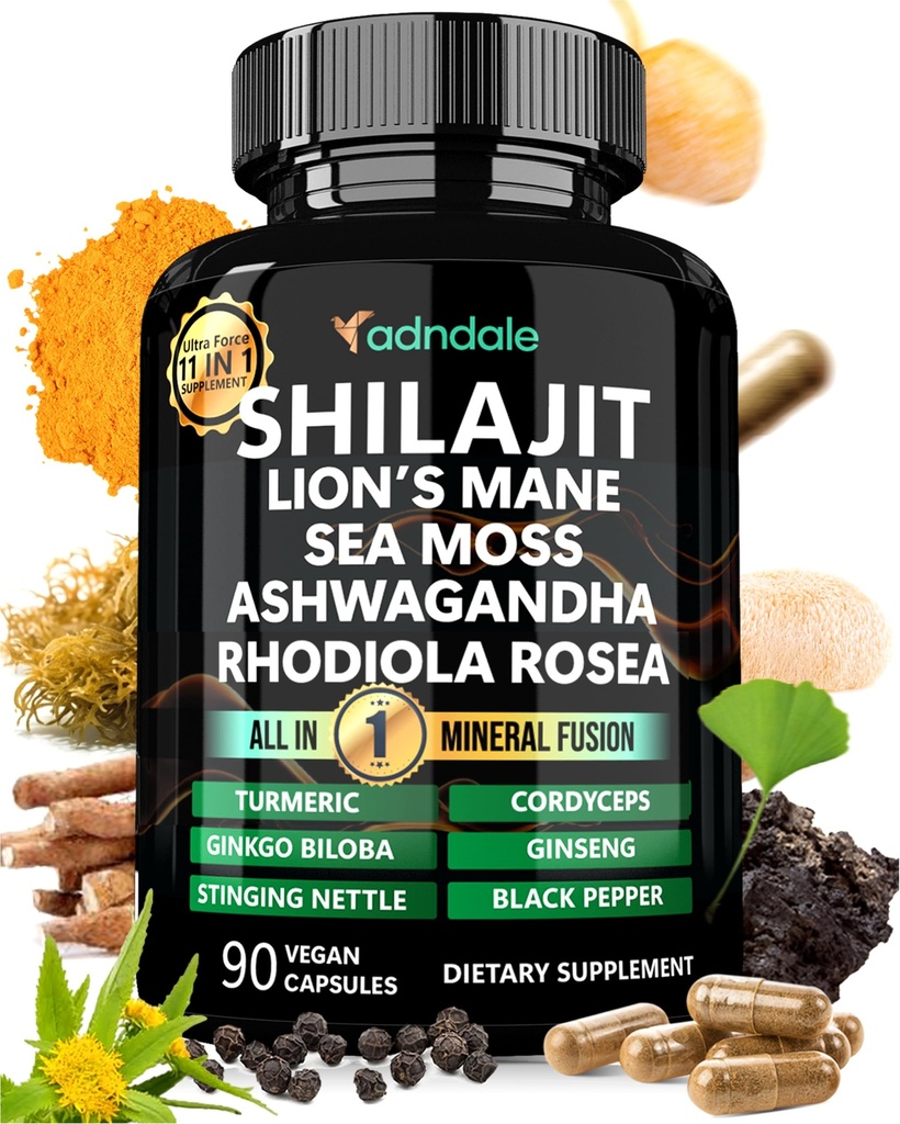 Adndale Shilajit Supplément. Pure Himalayan Organic Shilajit pour hommes et femmes Capsules avec Sea Moss Ashwagandha Rhodiola Rosea Lion. 90 Comte