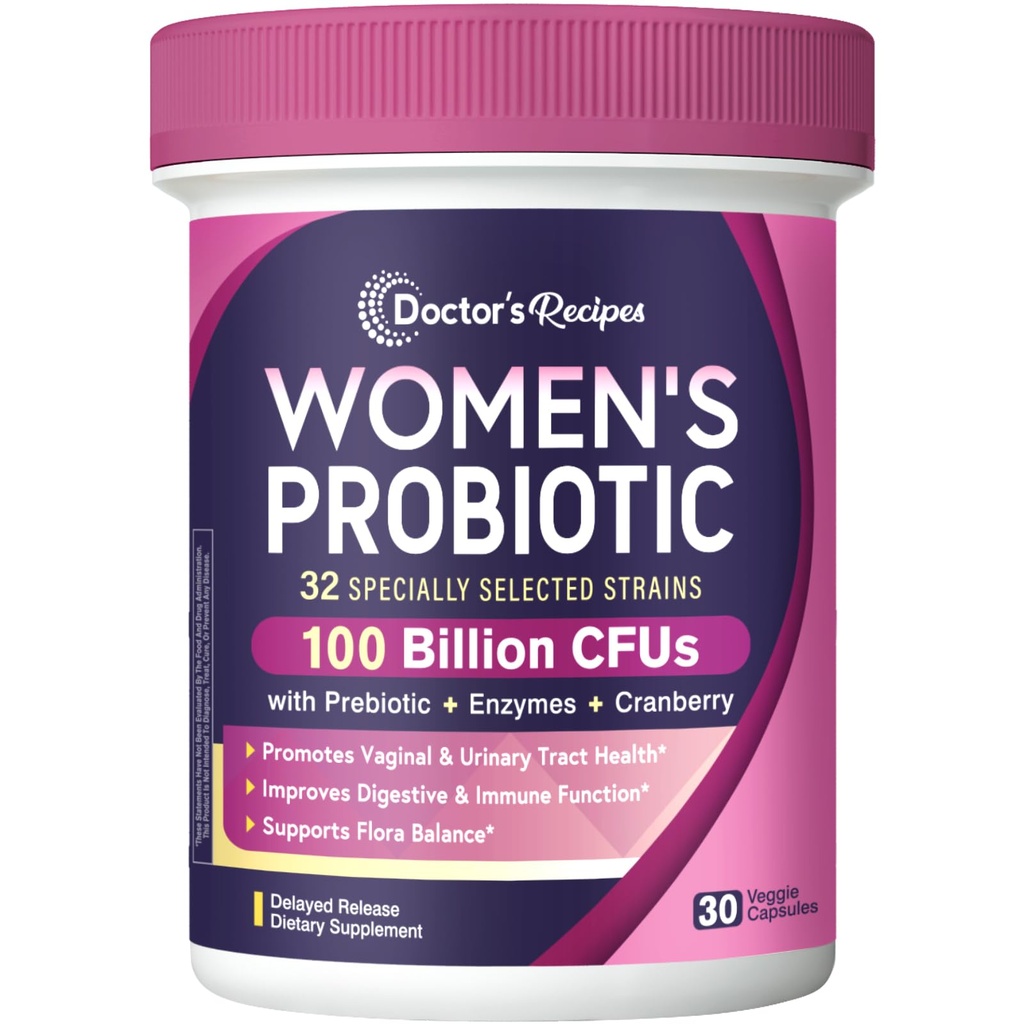 Probiotics for Women, 100 Billion CFU 32 Strains, with Prebiotic Fiber, Enzymes & Cranberry, Vaginal Urinary Digestive & Immune, No Yeast, Shelf Stable, Delayed Release, 30 Caps