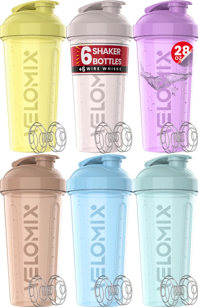 VELOMIX -6 PACK- 28 oz Protein Shaker Bottle für Proteinmischungen - 6x Wire Whisk | Leak Proof Shaker Cups für Protein Shakes | Protein Shaker Bottle Pack | Protein Shake Cup (Pastel Power Series)