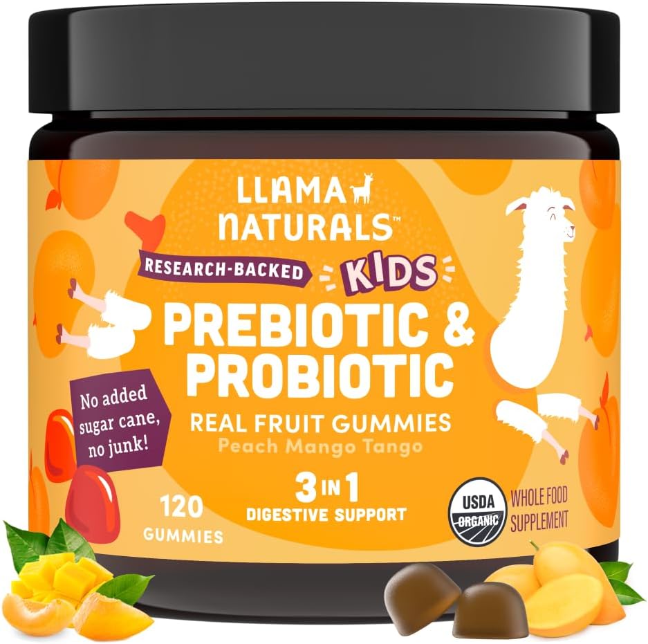 Llama Naturals Kids Probiotic mit Prebiotic Fiber, Vegan, Bio-Präbiotika und Probiotics Gummis für Gut Health Support, Kleinkind Real Fruit Gummy Vitamins, Ohne Zusatz von Zuckerrohr, Peach Mango, 120 Ct