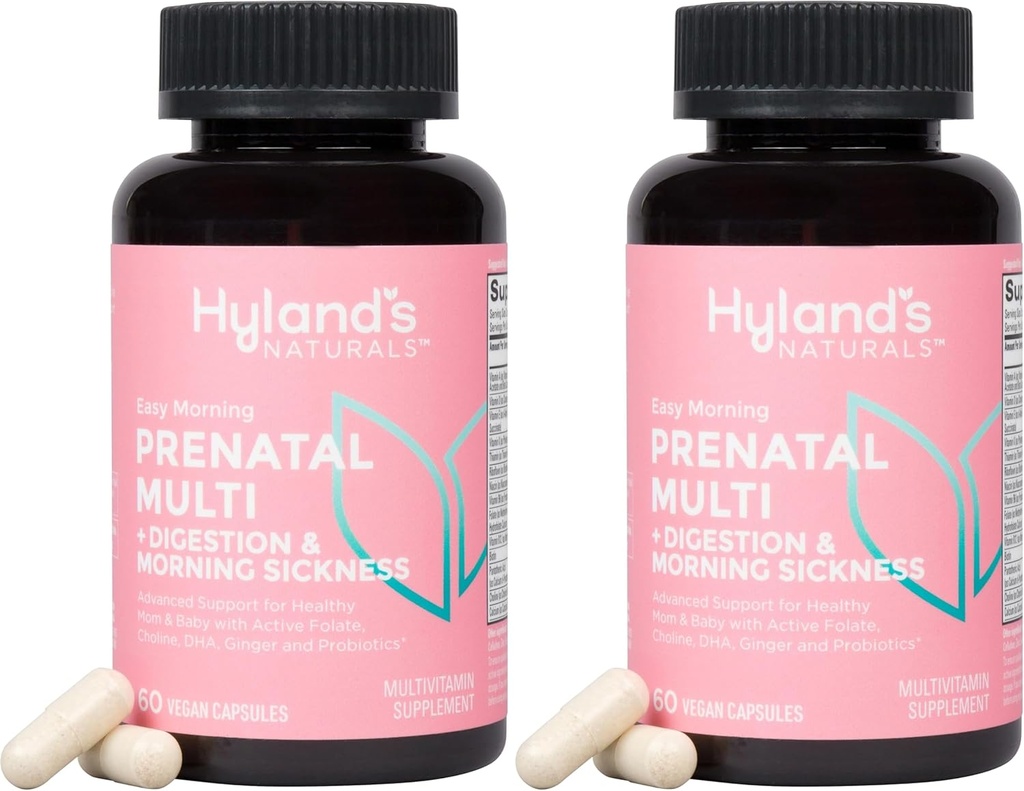 Hyland's Easy Morning Multivitamines prénatales et santé digestive et soulagement de la maladie du matin, 60 Capsules Vegan, avec Folate, Choline, Zinc, Ginger Root, Prébiotiques et Algae DHA (Pack de 2)