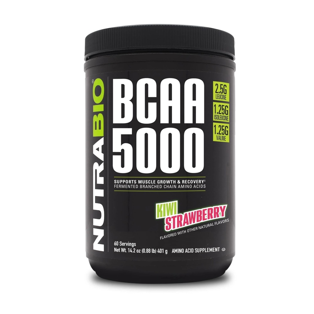 NutraBio BCAA 5000 Powder - Vegan Fermented BCAAs - Unterstützt Lean Muskelwachstum, Erholung, Ausdauer - 60 Servierungen - Kiwi Erdbeere