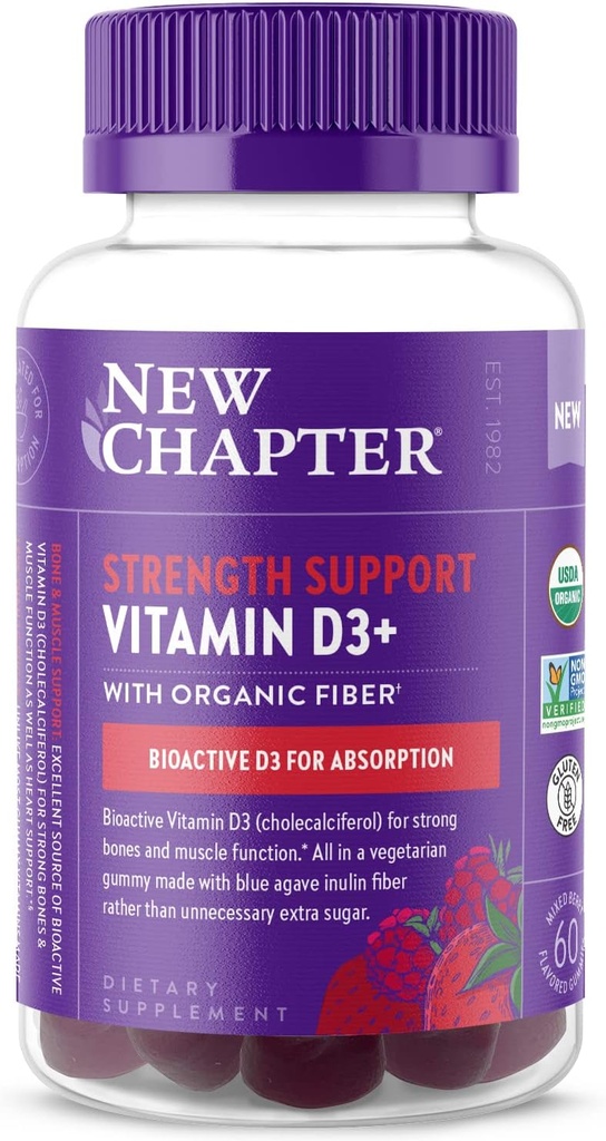 Neues Kapitel Bio Vitamin D3+ Gummie – 52% Weniger Zucker§, 1.000 IU USDA Bio Vitamin D, ONE Daily Gummy für starke Knochen & Muskel-Funktion, Non-GMO, Glutenfrei, gemischte Beere Flavored, 60ct