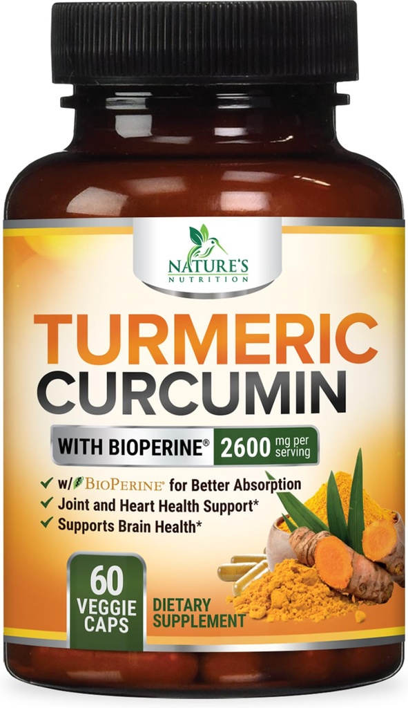 Kurkuma Ergänzung 2600mg - 95% Curcuminoide mit Organic Turmeric & BioPerine Black Pepper Extract für beste Absorption, Natural Vegan Joint Support, Non-GMO, Bottled in USA - 60 Kapseln