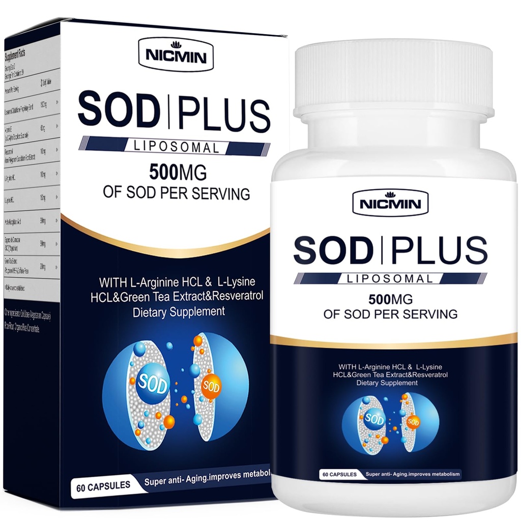 Superoxid Dismutase Supplement 500mg - SOD Plus mit liposomalen Glutathion, AKG, Green Tea Extract, L-Arginin, Lysin, Resveratrol und Vitamin E für Immununterstützung, Antioxidant 60 Kapseln