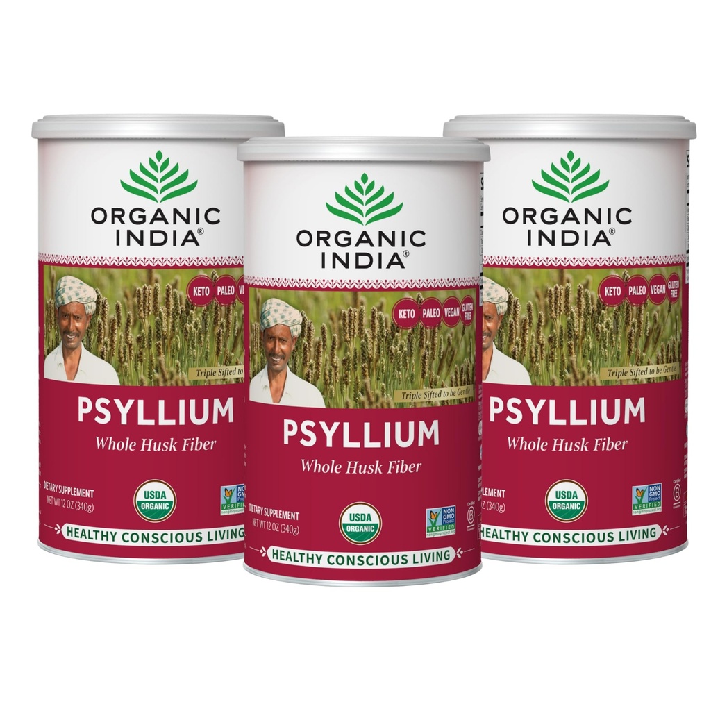 ORGANIC INDIA Psyllium Herbal Powder - Whole Husk Fiber, Healthy Elimination, Keto Friendly, Vegan, Gluten-Free, USDA Certified Organic, Non-GMO, Soluble & Insoluble Fiber - 12 oz Canister, 3 Pack