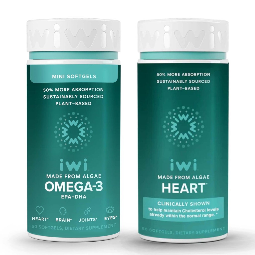 Iwi Omega-3 Minis & Heart Omega-3 Bundle, 30 Servierungen, Vegan pflanzenbasierte Algen Omega 3, Krill & Fisch Öl Alternative, keine Fishy Nachgeschmack