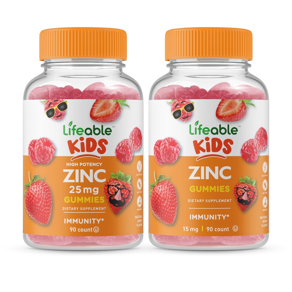 Lebendige Zink 25mg Kinder + Zink Kinder, Gummis Bundle - Große Verkostung, Vitamin-Ergänzung, Glutenfrei, GMO frei, Kaugummi