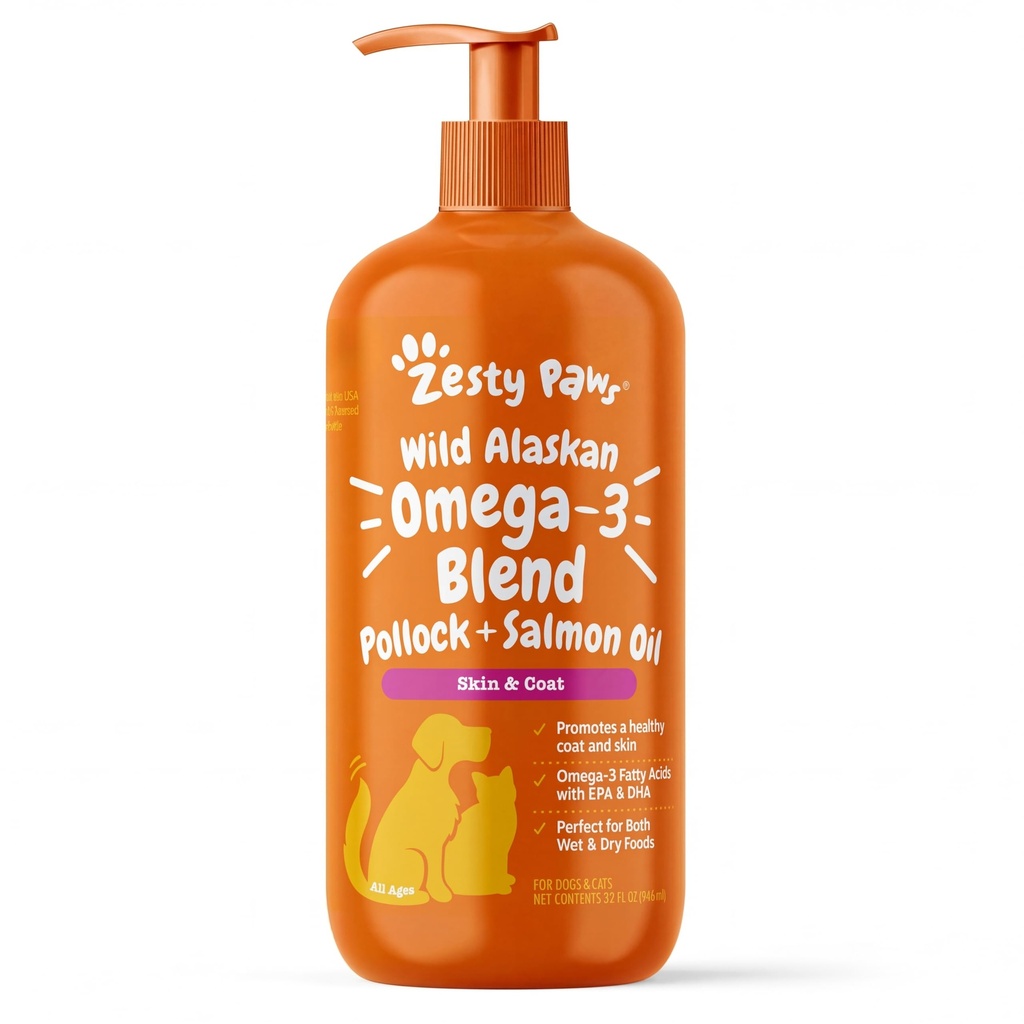 Zesty Paws Wild Alaskan Omega-3 Blend Pollock + Lachsöl für Hunde und Katzen- Haut und Mantel Unterstützung, Omega 3 Ergänzung für Haustiere, 32oz