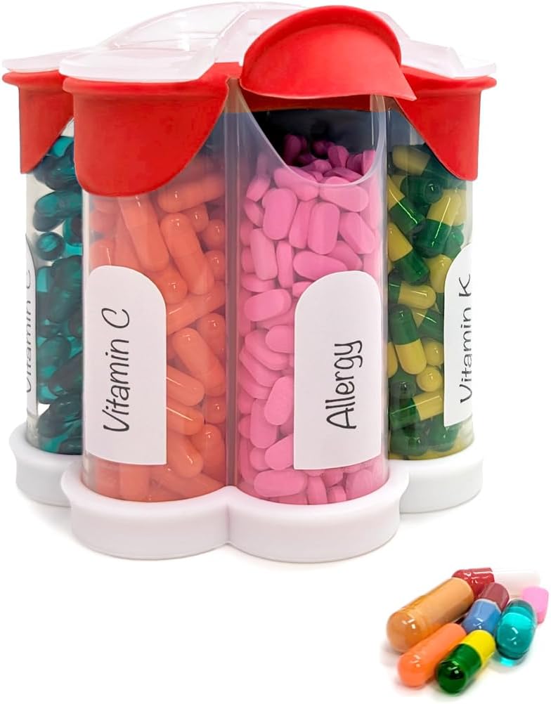 Extra Large Pill Organizer Daily, Weekly, Monthly Supplement Bouteille, Distributeur de pilules Mignon Blossom avec 7 XL Compartiments, Boîte à pilules facile à ouvrir pour les vitamines, Médicaments, Etiquettes inclus (Rouge)