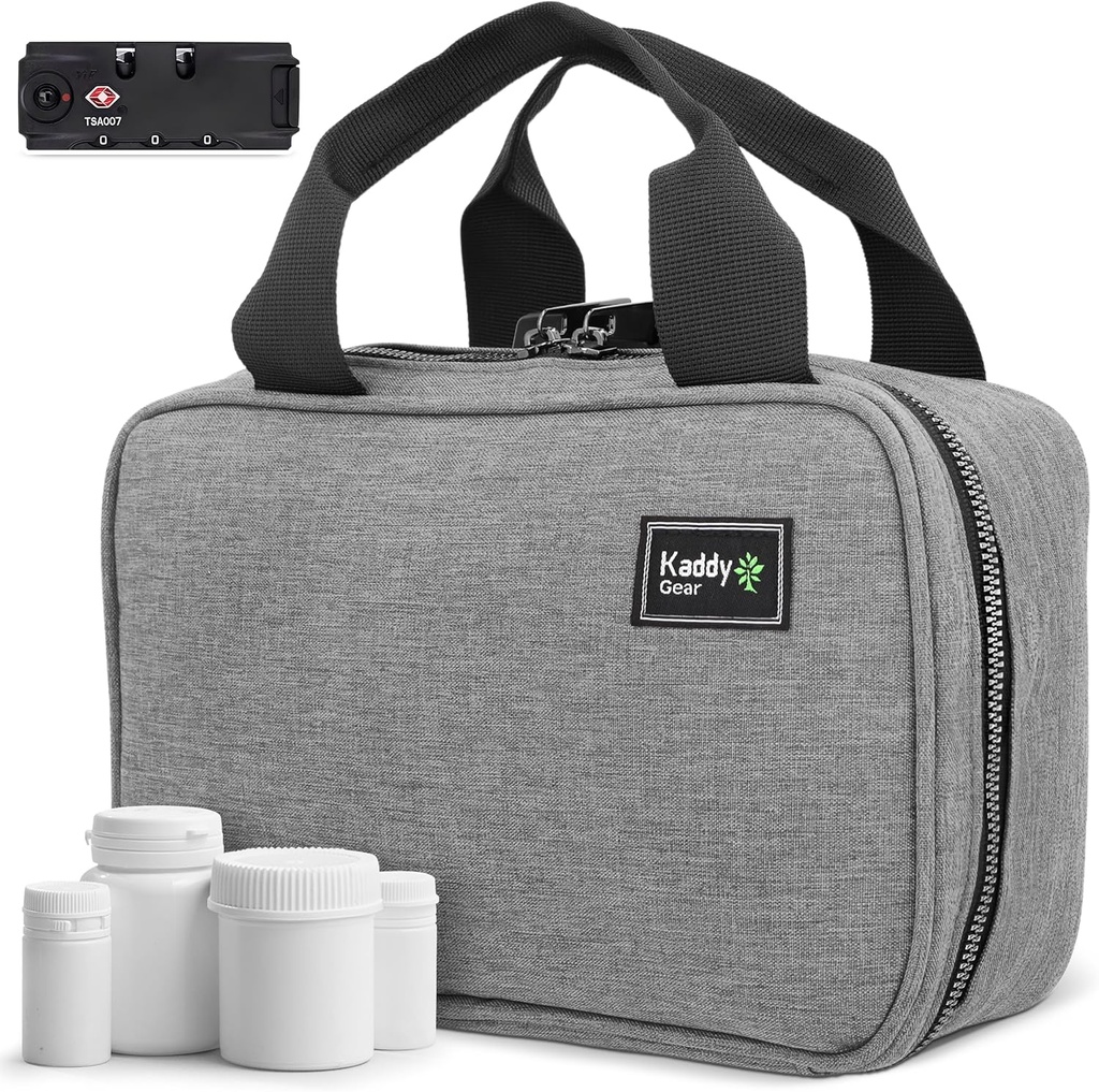 Kaddy Secure Pill Organizer Box, entreposage pour bouteilles de médicaments ou suppléments; toilette; voyage ou maison, écluse approuvée par TSA(Grey)