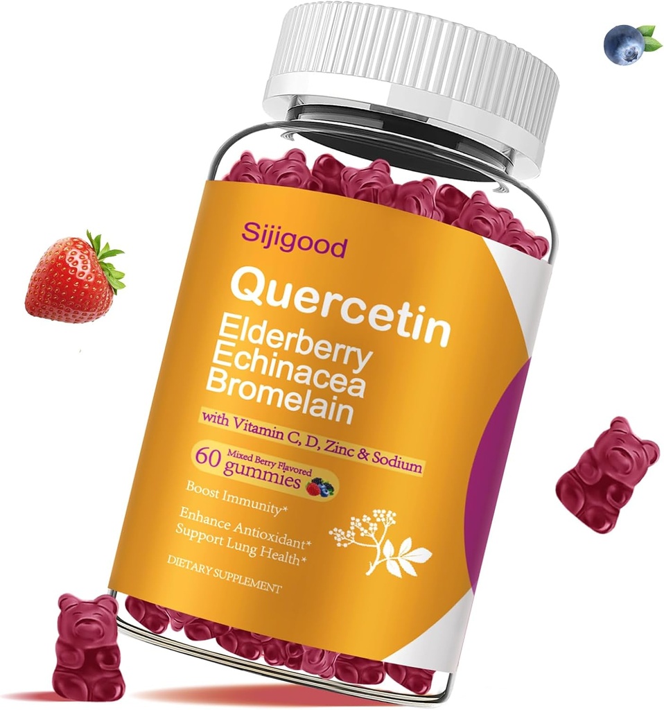 Quercetin-Gummien mit Bromelain, Elderberry, Echinacea, Vitamin C D Zink - Immunsystemunterstützung 60 Zähler reine Quercetin-Gummi für Kinder & Erwachsene