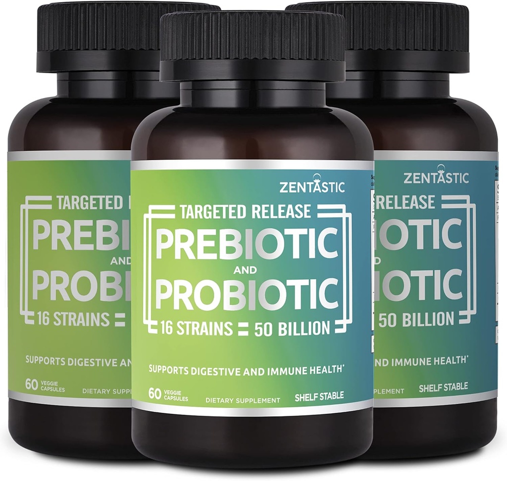 Zentastic Probiotics & Prebiotics Supplement - 50 Billion CFU - für Männer & Frauen Immun- & Verdauungs-Gesundheit - 16 Strains - Regal Stabil - 180 Delayed Release Veggie Capsules