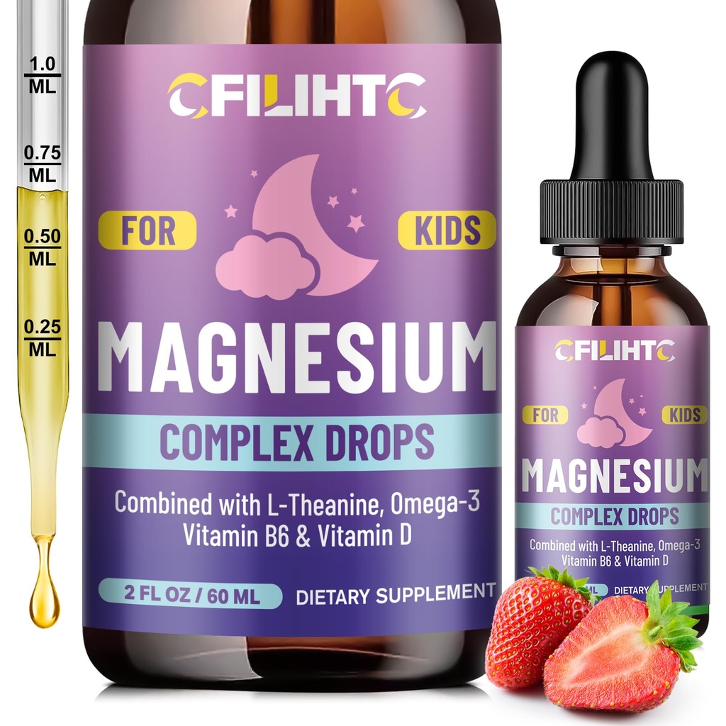 Kids Magnésium Liquid Drops-Magnésium Glycinate Liquide pour Enfants Supplément-w/L-théanine, Oméga-3, Vitamine B6, D3 - pour le sommeil, la relaxation, le cerveau, les os - 2 Fl Oz enfants calme, fraise parfum
