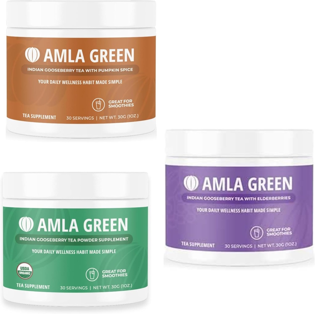 Amla Powder, Green Tea Superfood Supplement mit Kürbis Gewürze & Indische Stachelbeeren & Elderberry, Bio, Vegan, 30 Servierungen