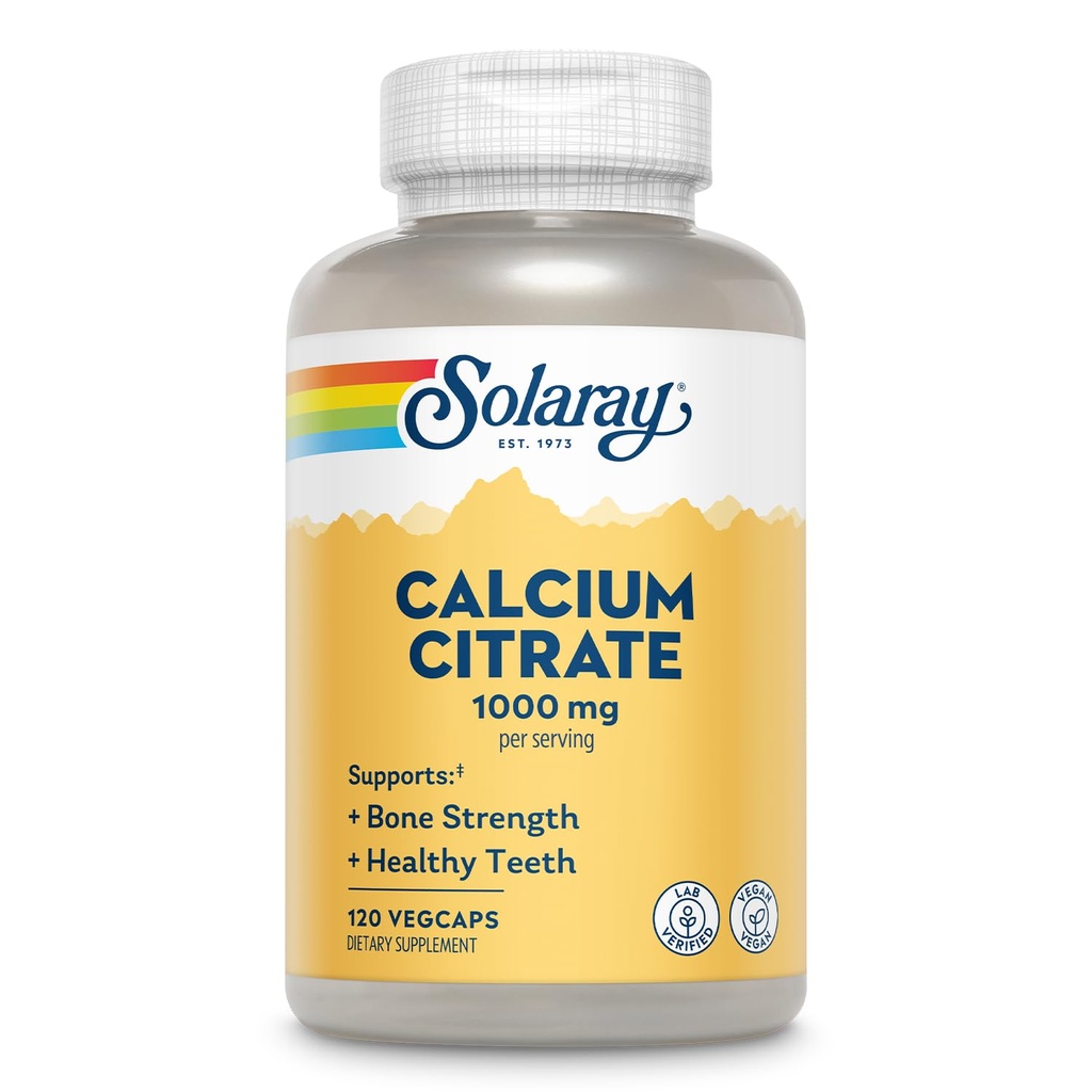 Solaray Citrate de calcium 1000mg - supplément calcium chélaté - soutient la force osseuse et les dents saines - facile à digérer - garantie de 60 jours, végétalien - 30 portions, 120 VegCaps