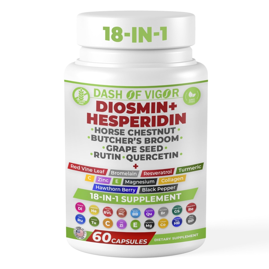 Dash of Vigor 18-in-1 Diosmin Hespéridin Supplément, Quercetin avec Bromelain, Zinc, Vitamine C avec Supplément de Rutine, Extrait de Châtaigne de Cheval, Extrait de Balai de Boucher, États-Unis, 60 Capsules