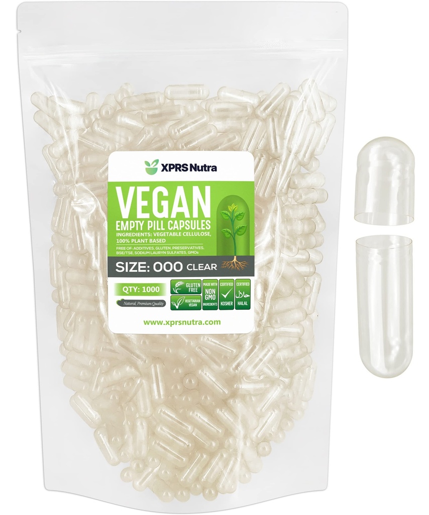 XPRS Nutra Vegan Größe 000 Leere Kapseln - 1000 Count klare leere Vegan Kapseln - Vegetarisch - DIY Gemüse Kapsel Füllung - Veggie Pillen Pillen
