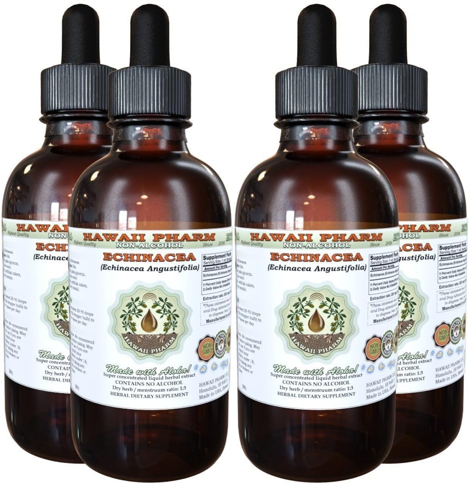 Echinacea Extrait liquide sans alcool, Echinacea (Echinacea Angustifolia) Racine séchée Glycérite Hawaii Pharm supplément naturel à base de plantes 4x4 oz