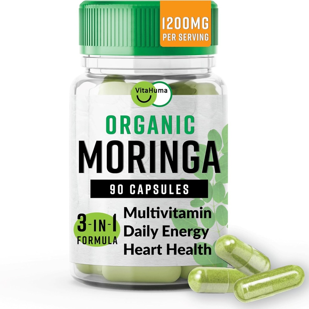 Bio Moringa, Nährstoff-Dense Antioxidans Unterstützung mit Vitamin C, A, E, Calcium, Kalium, Eisen, Magnesium, Protein & Aminosäuren für Hydration & Energie, Vegan, 1200 MG pro Servierung, 90 CT