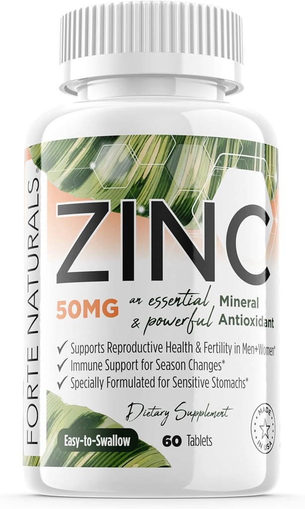 Zink 50mg, (60 Tabletten), speziell für empfindliche Stomach, Immununterstützung, Haut und Haar, Vegan Zinkergänzung, Non-GMO Made in USA