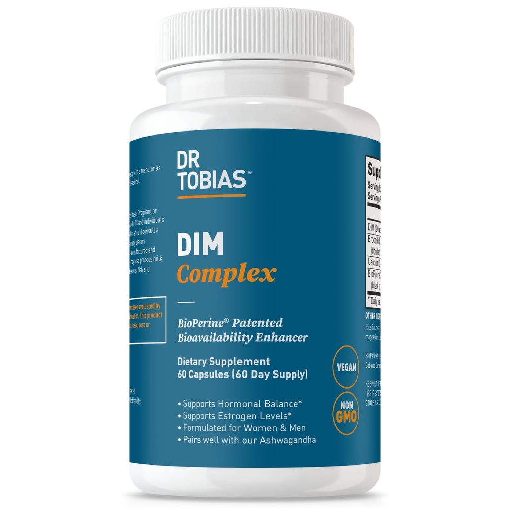 Dr Tobias DIM Complex, Hormone Balance pour les femmes et les hommes, Supplément DIM avec BioPerine, Broccoli Extract & Calcium D-Glucarate Estrogen Detox Balance Complex, Non-OGM, Vegan, 60 Capsules