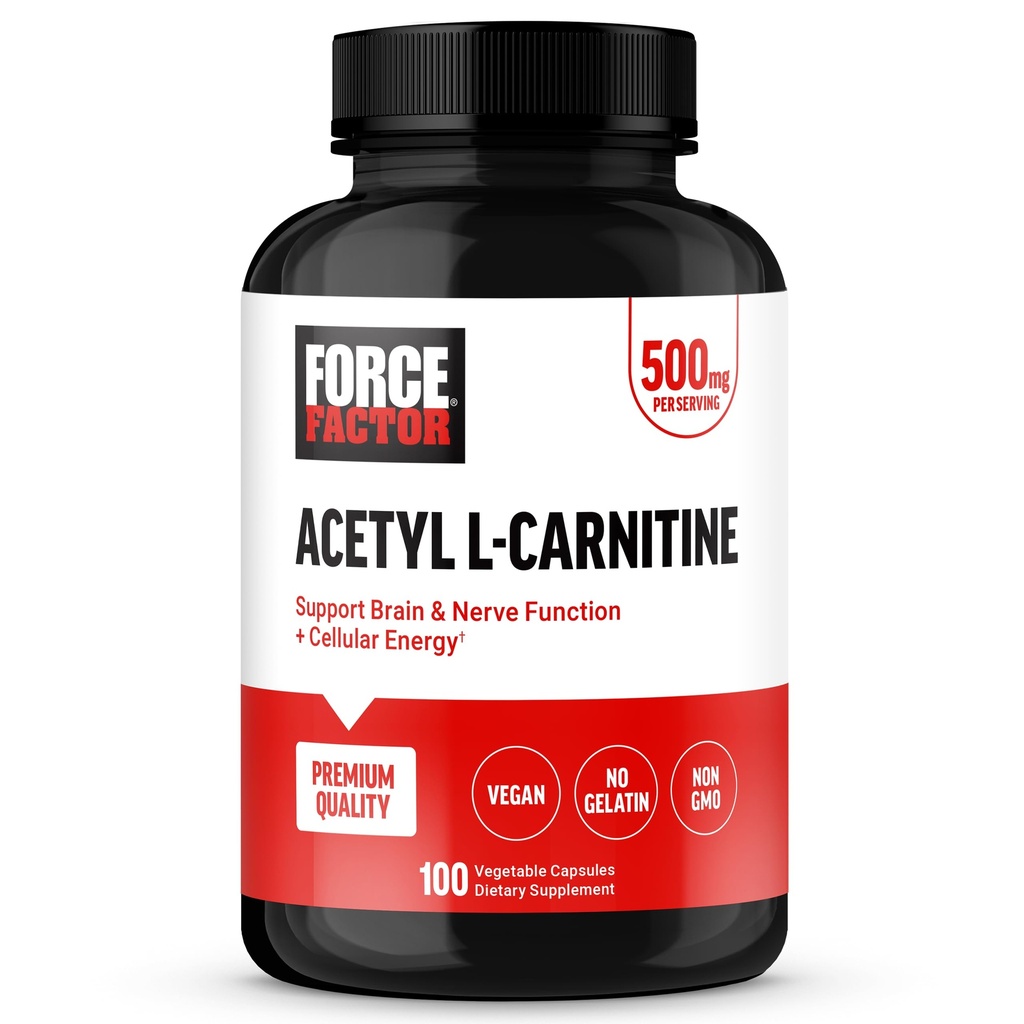 Facteur de force Acétyl L-Carnitine Supplément Cerveau, Supplément de soutien Nerve et Booster d'énergie cellulaire, Acetyl L-Carnitine 500mg, Qualité Premium, Vegan, Non-OGM, 100 Capsules végétales
