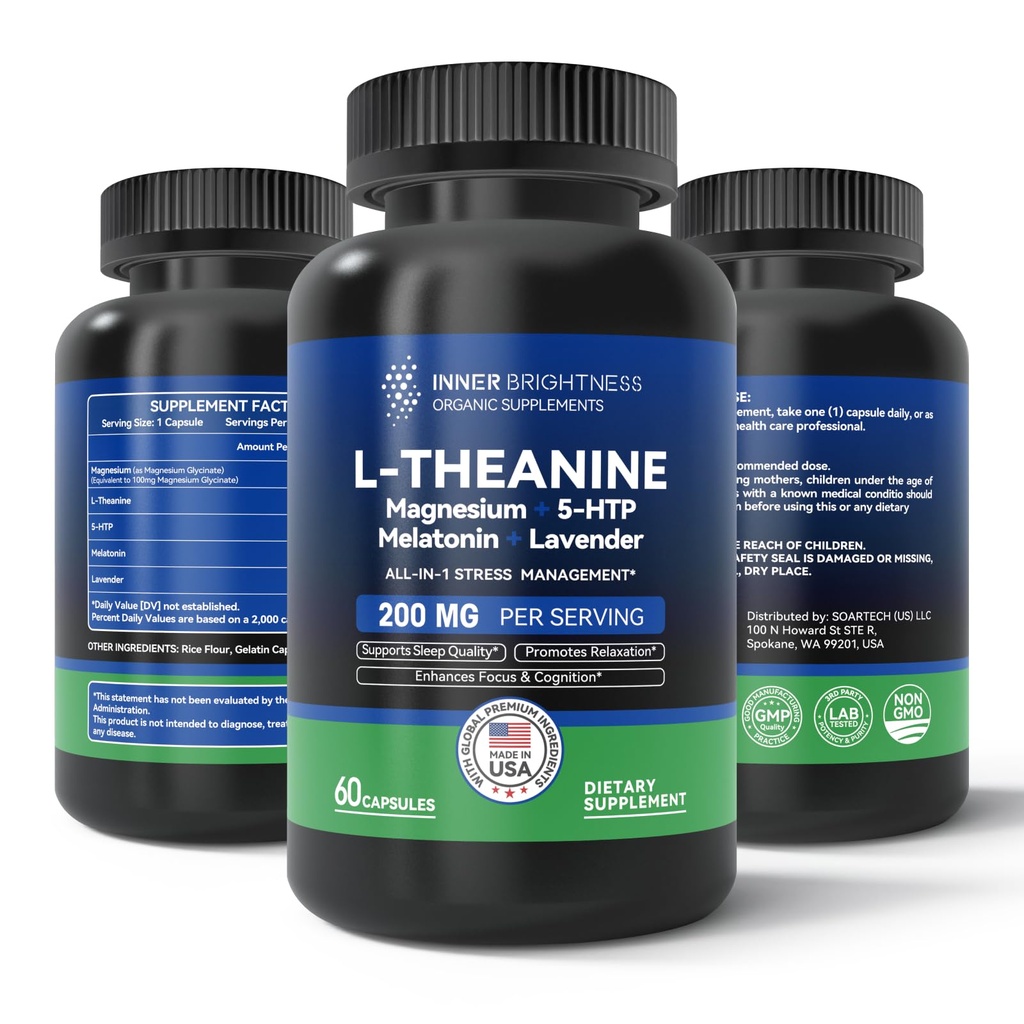 L Theanine 200mg, Magnésium, 5-HTP & Melatonine – Supplément L-Theanine All-in-1 pour soulagement du stress, focus et cognition, sommeil - 60 capsules