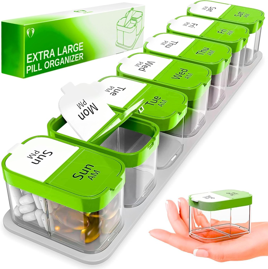 Extra Large Weekly Pill Organizer - XL Vitamin Holder mit 7 Detachable AM Compartments - Portable Medicine Dispenser for Home and Travel, Big Supplement Container for Weekly or Daily Use, Grün