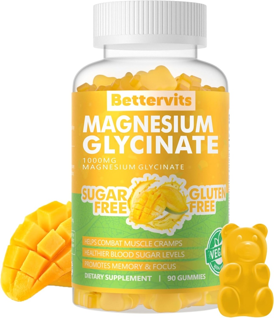 90 CT Magnesium Glycinat Gummie 1000mg - Zuckerfreie Magnesium Kalium-Ergänzung mit Vitamin D, B6, CoQ10 für ruhige Stimmung & Schlaf-Unterstützung - 90 Mango Ananasgummis