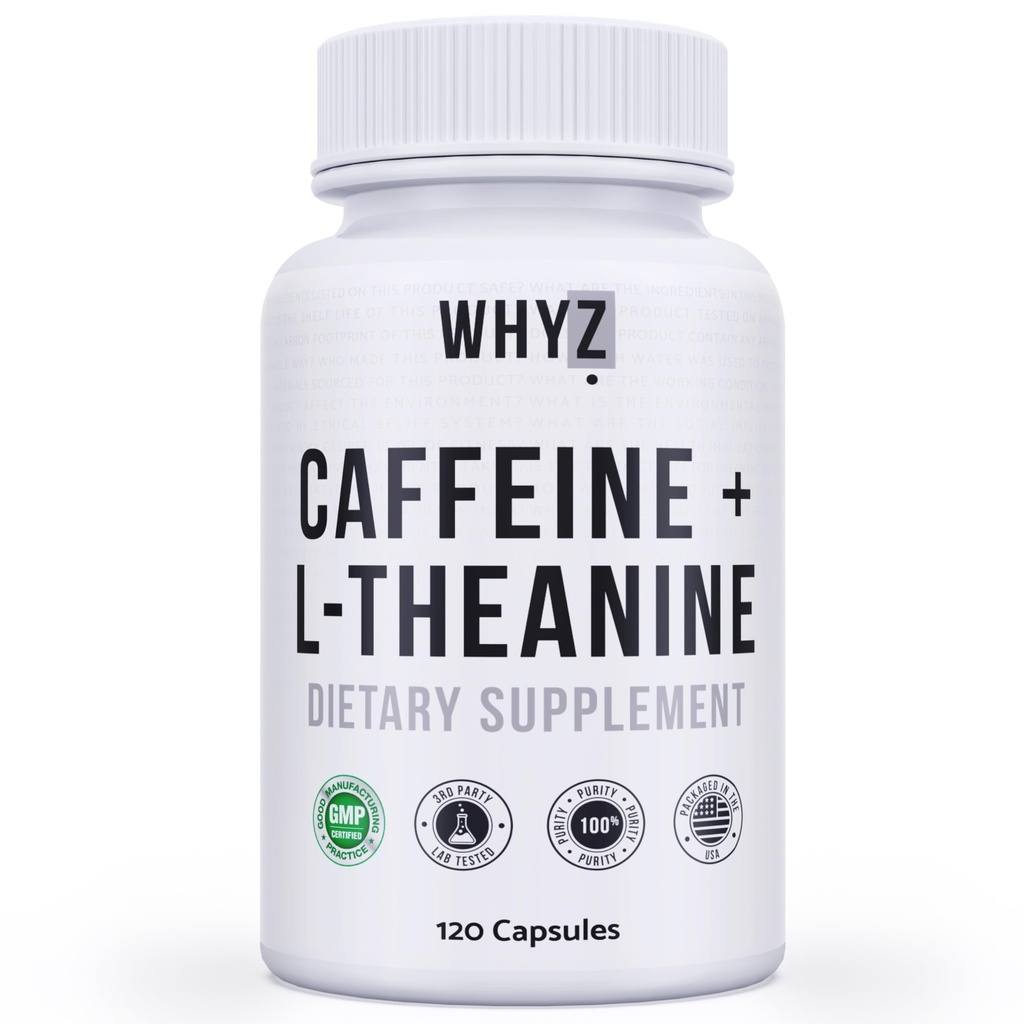 WHYZ Pilules de caféine avec L-Theanine, 120 Capsules, Pilules d'énergie de Stack Nootropic, Vitamines énergétiques pour une énergie soutenue Focus & Fonction cognitive, L Theanine Suppléments d'énergie de caféine pour les femmes et les hommes