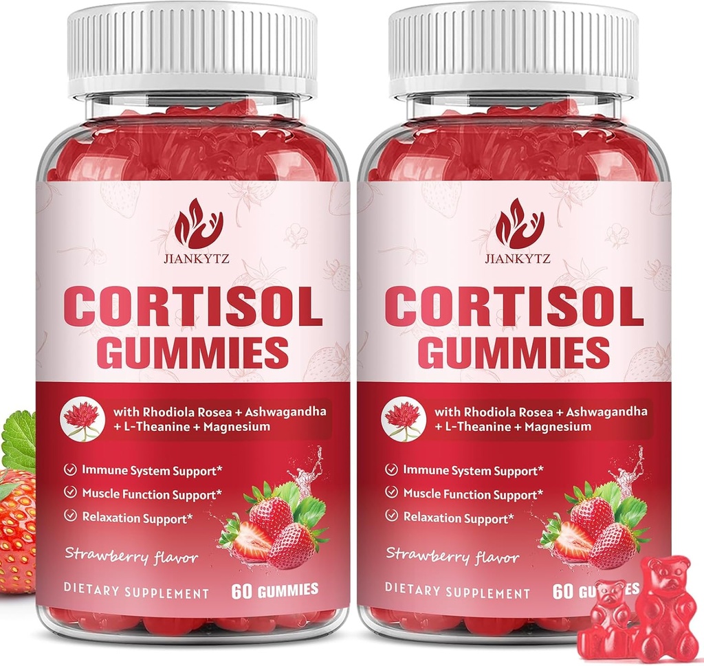 (2 Pack) Gommies supplémentaires de cortisol pour femmes avec Rhodiola Rosea, Ashwagandha, Magnésium, Cortisol équilibré, Zzz Support, Non-OGM,120 Gommies
