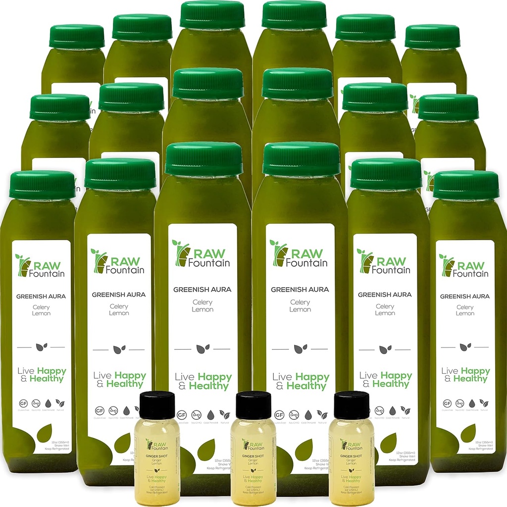 Celery Juice Cleanse von Raw Fountain, All Natural Raw, Cold Pressed Juices, Morning Detox Cleanse, 30 Flaschen 12oz, 5 Bonus Ginger Shots