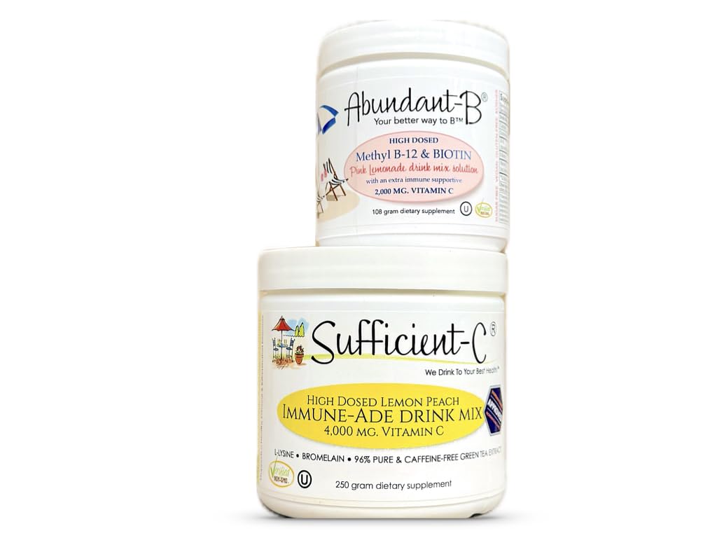 Suffisamment-C 250 grammes Vitamine C Immune-ade Drink Mix and Abondant-B high dose B-12 and Biotin Pink Lemonade Drink Mix Solution