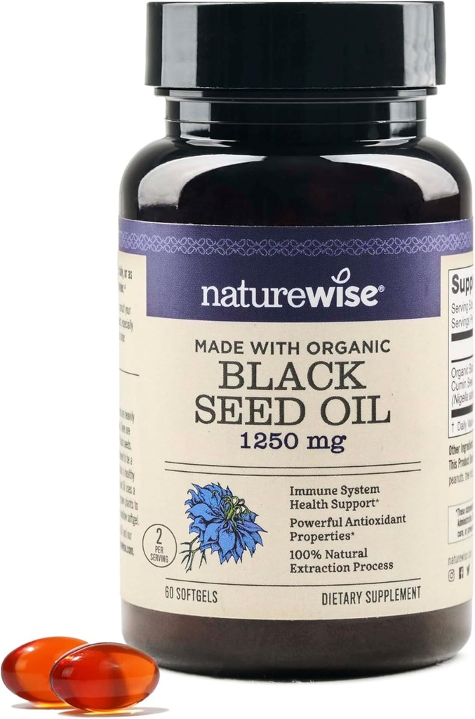 NatureWise Black Seed Oil Softgels 1250 mg - mit 100% Organic Cold Pressed Nigella Sativa - Omega 3 6 9 - Antioxidant Immununterstützung, Haar & Haut - Non-GMO, Gluten-Free - 60 Softgels[1-Month Supply]