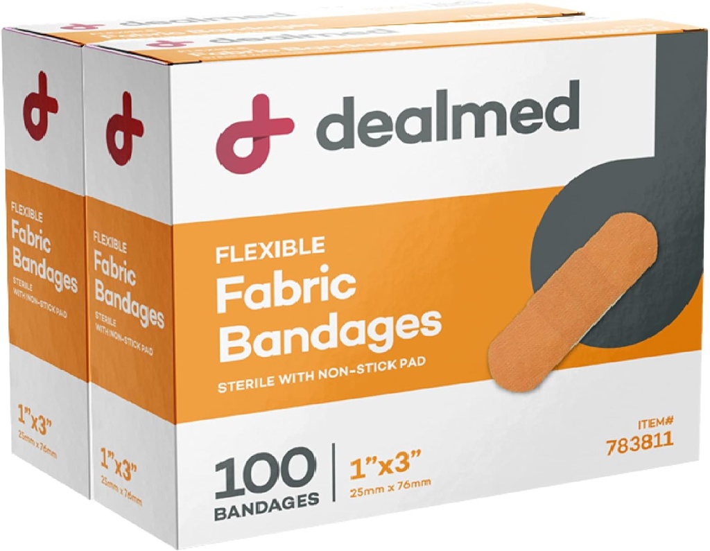 Dealmed sterile flexible Stoffklebebänder – 1x3 Zoll – 100/Box - 2 Boxen - Atmungsaktives First Aid Strip Pack - Soft Stretch Wound Patch für medizinische, Notfallkits & Clinic