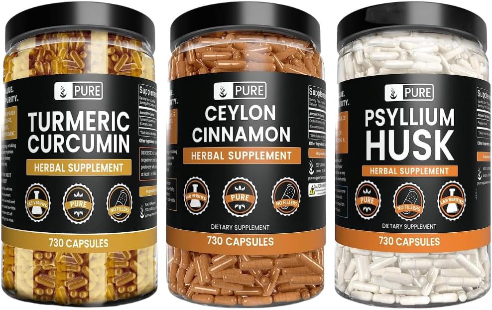 PURE ORIGINAL INGREDIENTS Ceylon Cinnamon, Psyllium Husk, and Turmeric Capsule Bundle (730 Capsules Each), No Magnesium or Rice Fillers