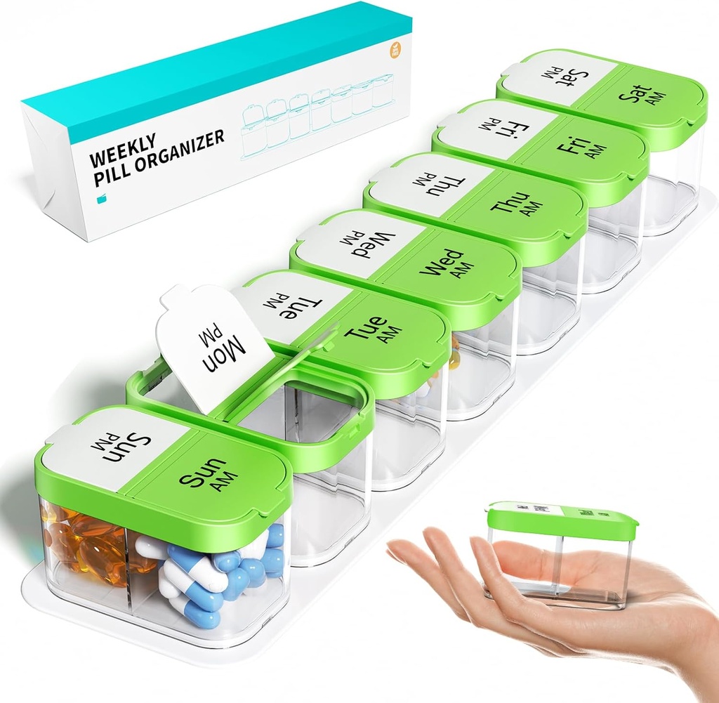 Odaro Extra große wöchentliche Pille Organizer 2 Mal pro Tag, Pille Box 7 Tage Am Pm zu halten tägliche Medizin Vitamin und Ergänzungen - Grün