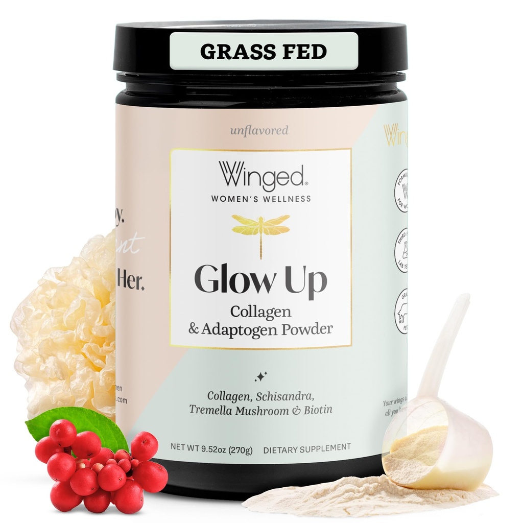 Winged Wellness Glow Up, Collagen Powder für Damen - Haar, Haut und Nägel Beauty Supplement mit Grass-Fed hydrolysierte Collagen Peptide Adaptogene, Vitamin C & Biotin - 25 Servierungen, Unflavored